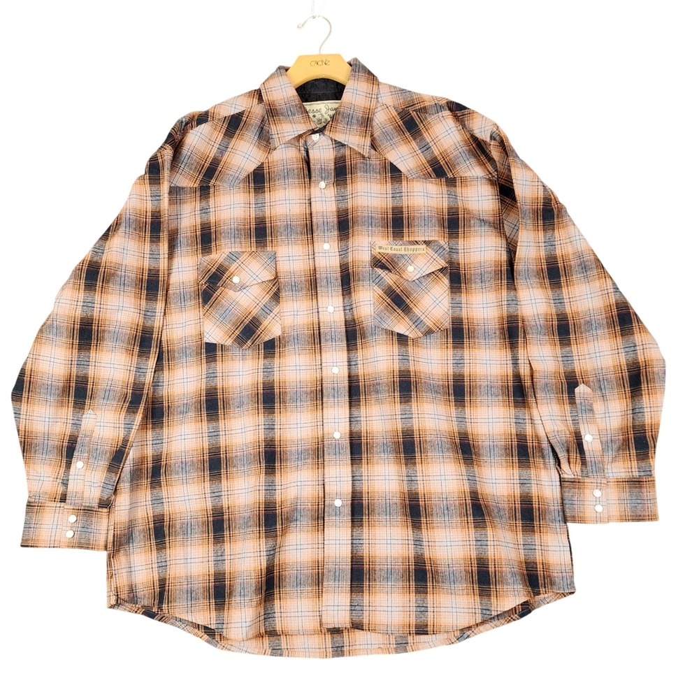 Jesse James West Coast Choppers Mens XL Plaid Pearl Snap Western‎ Shirt Orange